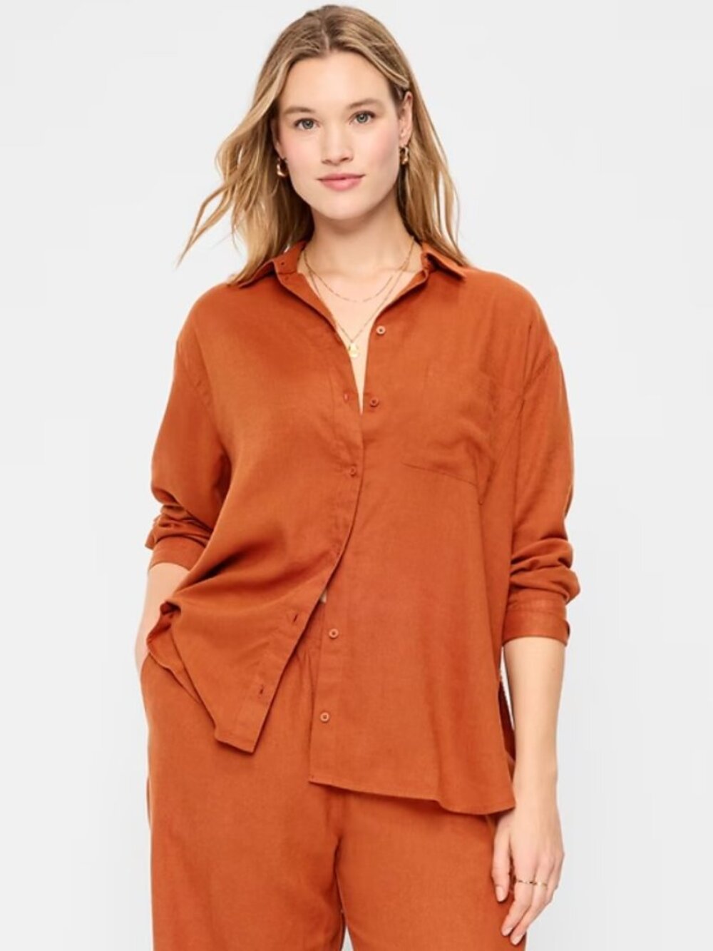 Linen-Blend Loose Button-Down Shirt NWT